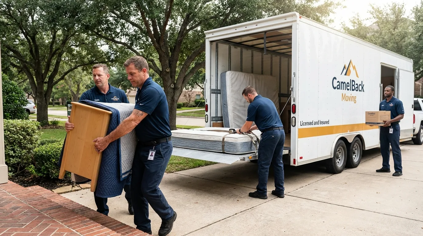 Crew loading residential truck for cross-state move from Port Edwards, WI