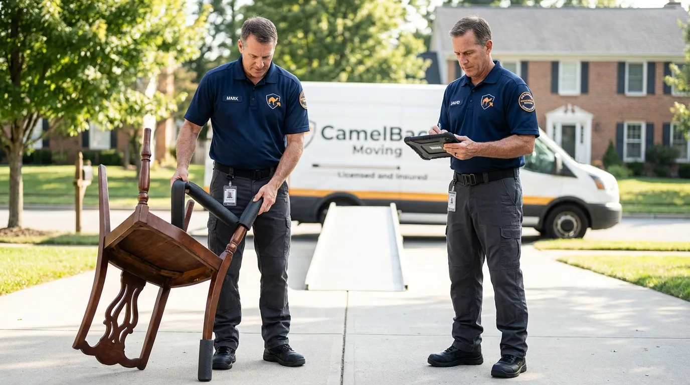 Movers inspecting furniture for damage prevention before loading in Port Edwards, WI