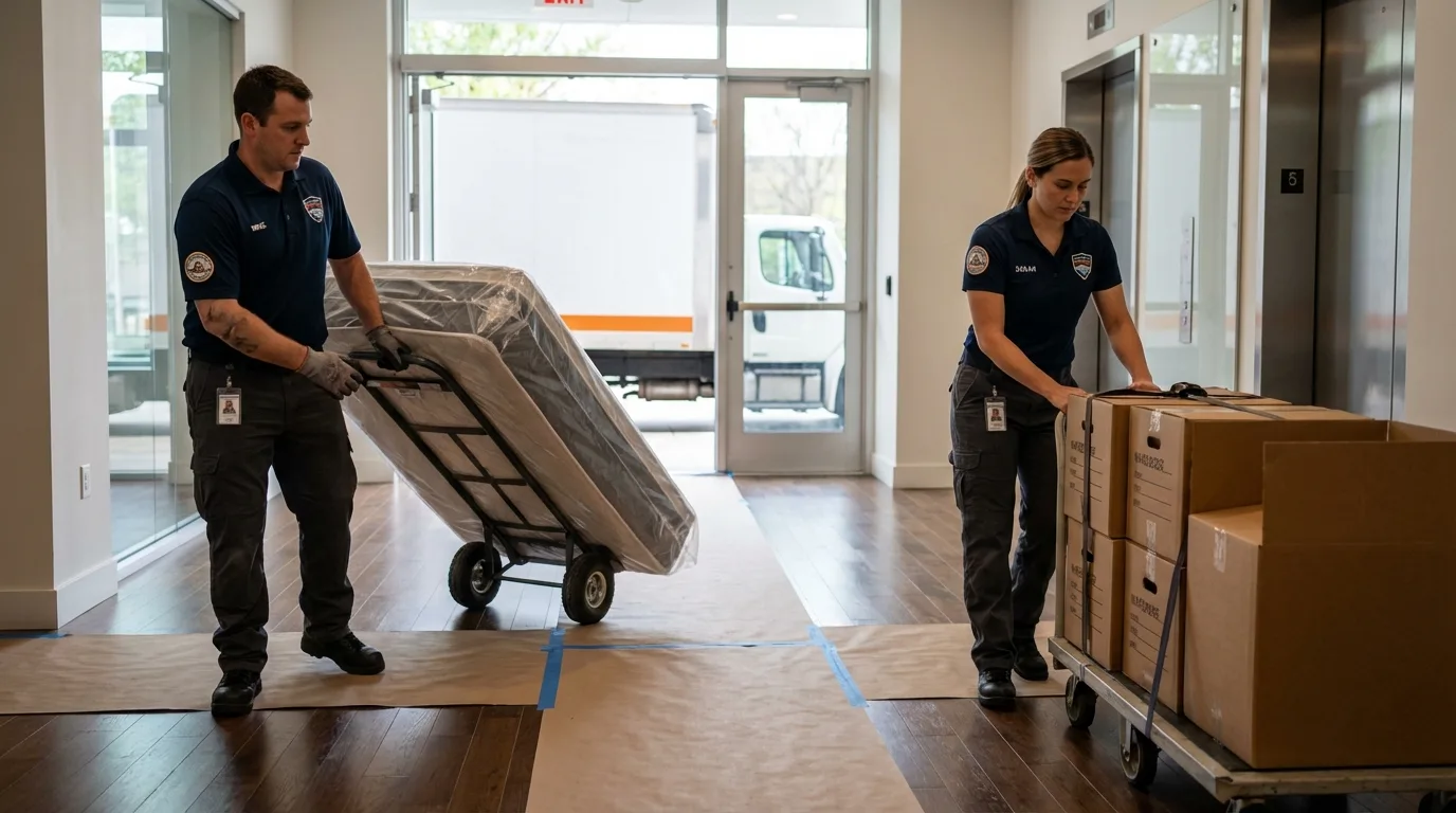 Professional apartment movers loading elevator in Port Edwards, WI