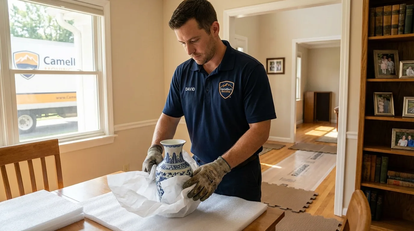 Professional crew carefully wrapping antique vase for senior downsizing move in Port Edwards, WI
